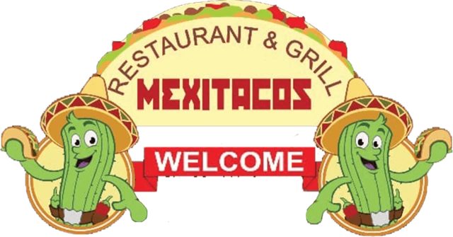 Mexitacos Restaurant & Grill logo: two cartoon cactus mascots in sombreros holding tacos
